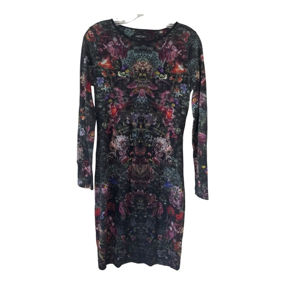 Marc Cain Black Floral Graphic Print Long Sleeve Mesh Semi Sheer MIDI Dress